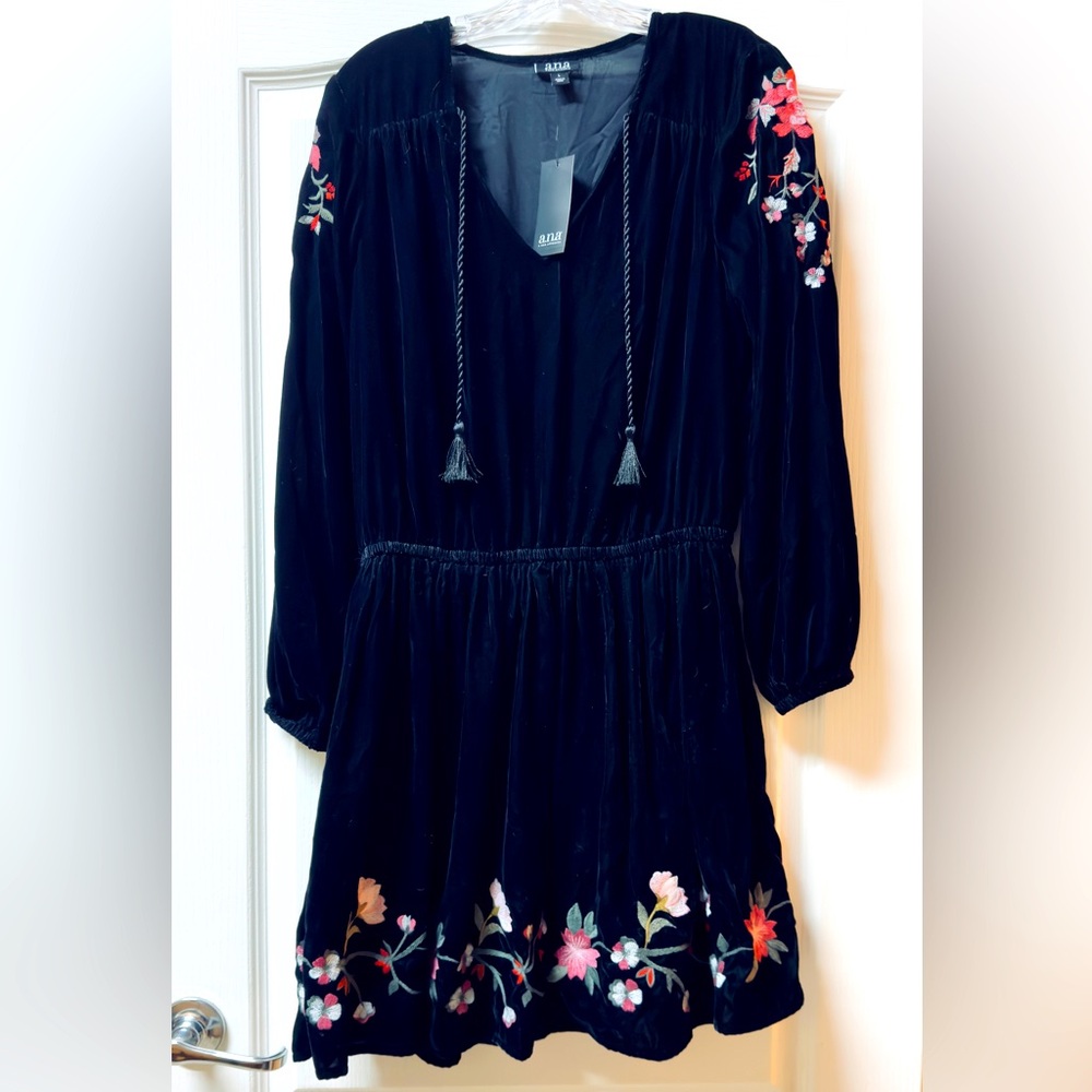 Black Velvet Floral Embroidery Dress 20” Bust, 15” Waist, 38.5” L. PRICE IS FIRM
